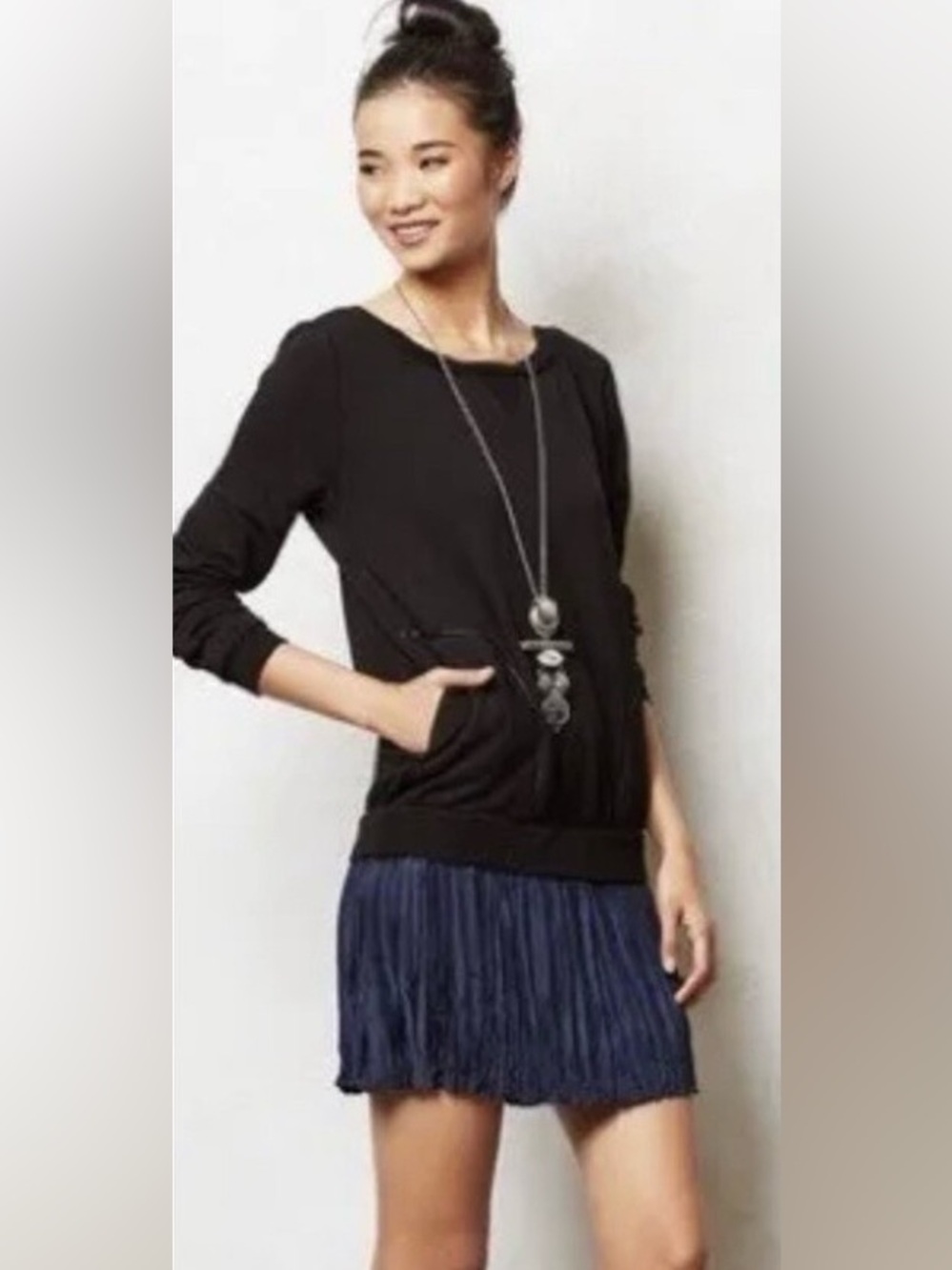 Anthropologie Bordeaux Dyad Black Blue Layered Sweatshirt Pleated Dress Size XS